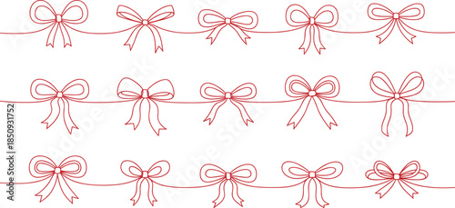 Red ribbon bow line art set, elegant horizontal decorative elements for festive design, gift wrapping, celebration, and graphic projects.