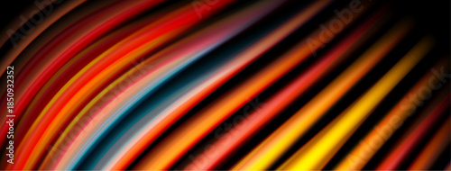 Abstract colorful lines curve, creating dynamic visual effect. Black background emphasizes vibrant spectrum. Modern design element.