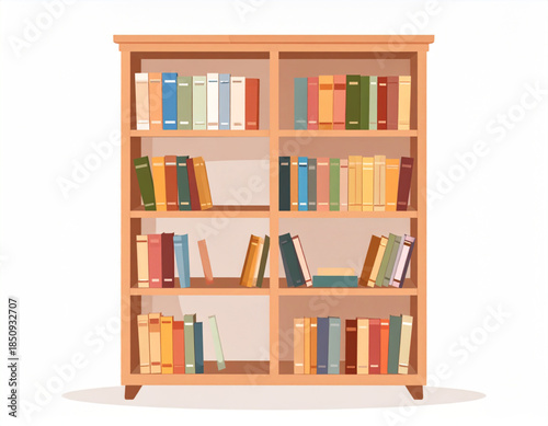 A wooden bookshelf filled with numerous colorful books on a white background, depicting an organized library or home study space.