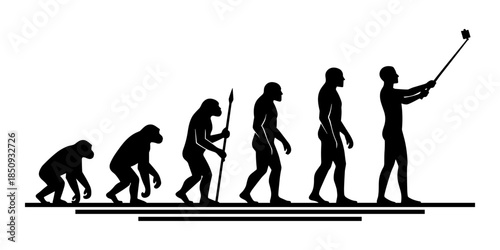 Human evolution parody with a modern selfie stick