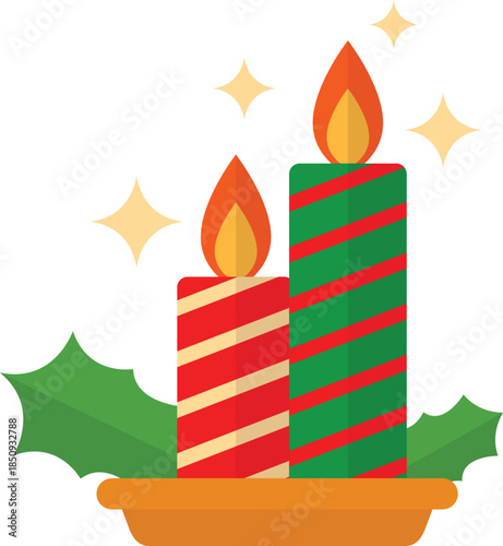 Tableau sur toile Two christmas candles with holly and sparkles