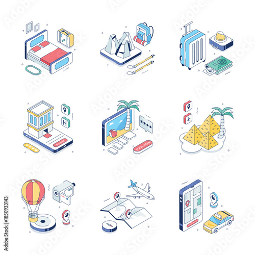 Premium Collection of travel and outdoor isometric illustrations, editable vector