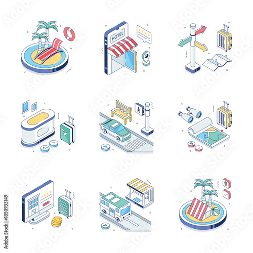 Premium collection of travel and outdoor isometric illustration in trendy style