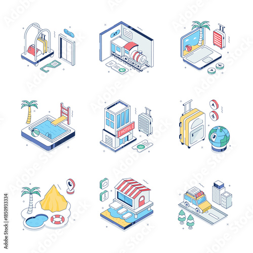 Have a look at this amazing isometric illustrations set of travel and accommodation
