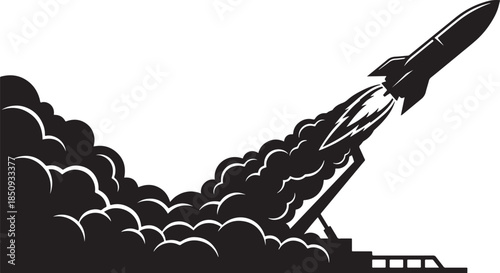 black silhouette of rocket launch on white background, vector.