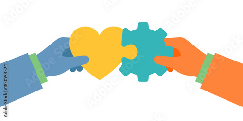 Hands connecting heart and gear puzzle pieces