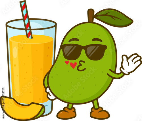 illustration of mango juice with mascot beside it