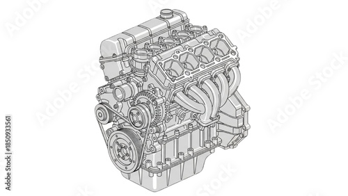 Internal Combustion Engine Assembly Technical CAD Illustration