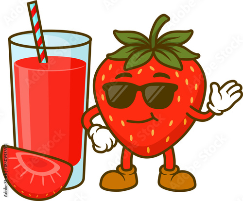 illustration of strawberry juice with mascot beside it