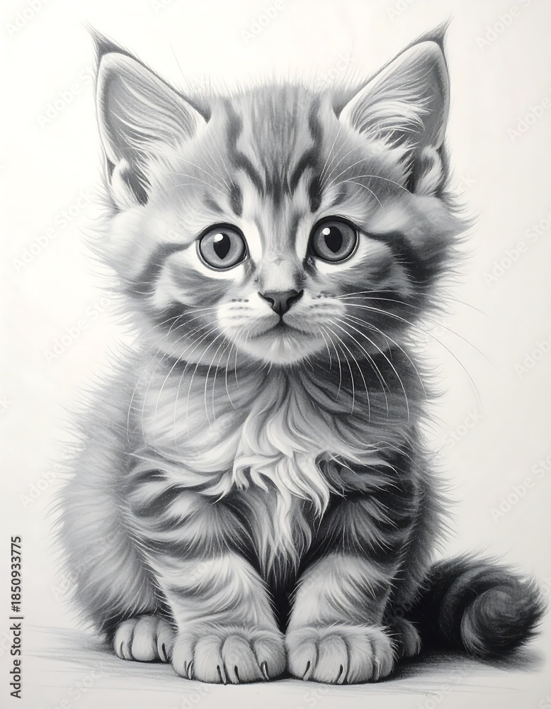 Obraz premium A grayscale illustration of a fluffy kitten with wide eyes sitting upright and looking directly at the viewer. Soft shading creates a gentle, warm feeling