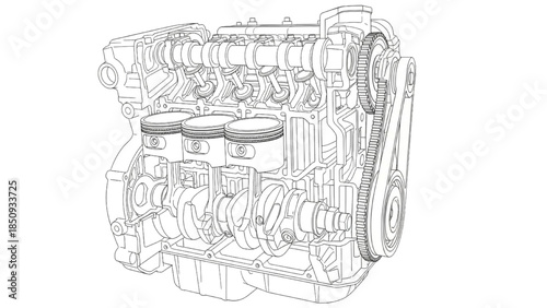 Technical line drawing of a car engine showing detailed mechanical components from front viewpoint in engineering graphic style