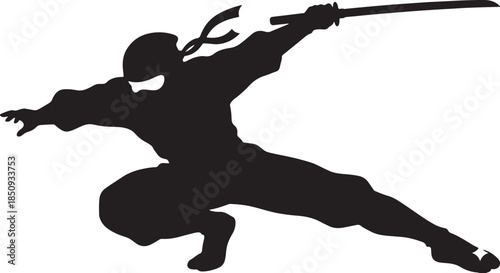 black silhouette of ninja on white background, vector
