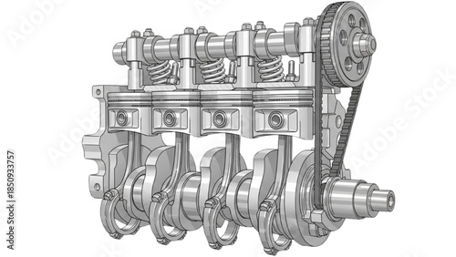 Detailed Mechanical Assembly Diagram of Internal Combustion Engine Pistons and Crankshaft in Technical Illustration, Engineering Design Perspective