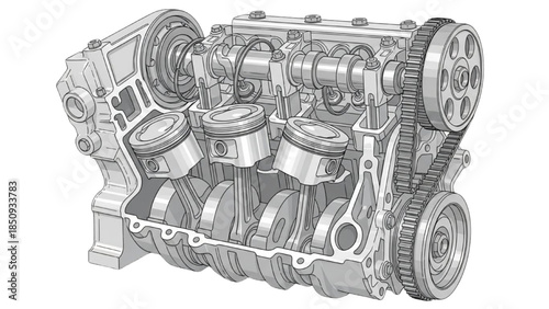 Detailed technical illustration of internal combustion engine components in mechanical engineering schematic view