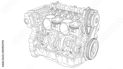Technical illustration of a mechanical engine assembly showing internal components and structure from an isometric viewpoint in a clean design environment