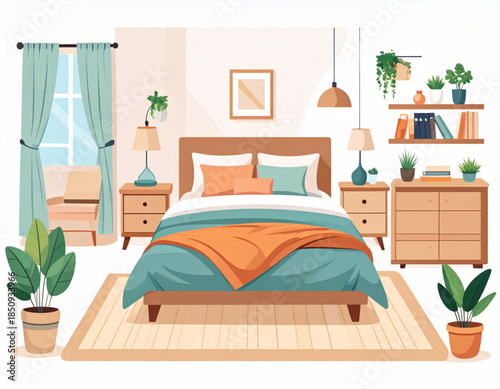 A cozy and modern bedroom interior with a bed, bedside tables, dresser, plants, and a window with curtains, creating a comfortable living space.