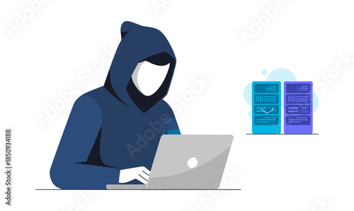 Hacker accessing server data on laptop for cybercrime