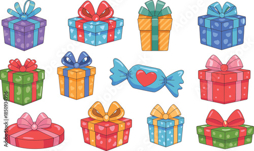 Cute colorful gift boxes illustration set, wrapped presents candy with bows ribbons, festive holiday celebration packaging isolated vector design