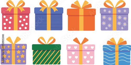 Colorful gift boxes illustration set, cute wrapped presents with bows ribbons, festive holiday celebration packaging isolated on white background