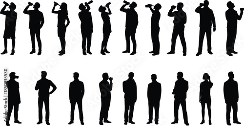 People drinking beverage silhouette set, men and women holding bottles cups, casual lifestyle hydration concept, black human figures icons