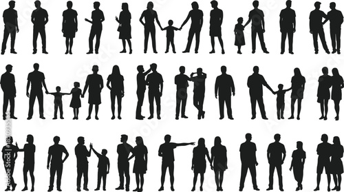 Family and people silhouette interaction poses set featuring parents children couples standing walking lifestyle illustration collection