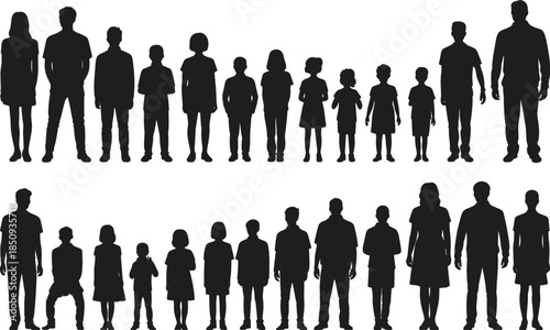 Family generation silhouettes showing parents, children and adults standing together, people age growth concept isolated on white background Family 