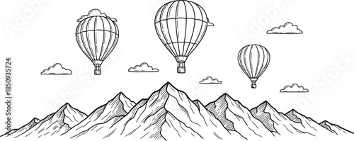 Hot air balloons soaring over majestic mountain peaks with clouds