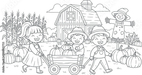 Children on a harvest adventure with scarecrow and pumpkins