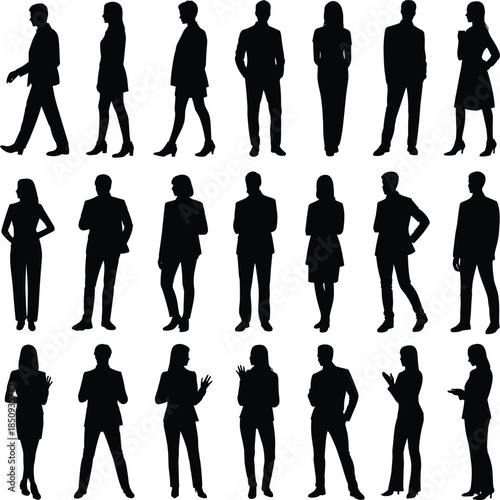 Business people silhouette standing walking poses set professional men women office posture black illustration collection isolated
