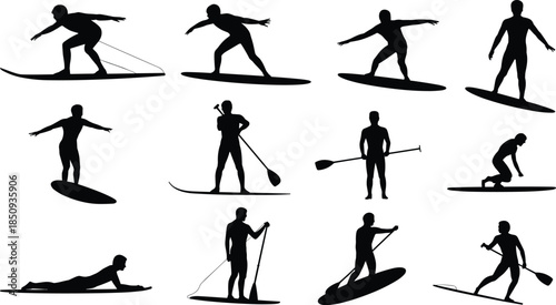 Surfer silhouette action poses set featuring surfing paddle boarding wave riding beach water sport illustration collection