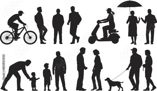 People silhouettes in daily life activities, walking cycling family moments urban lifestyle, men women children, isolated black vector illustration