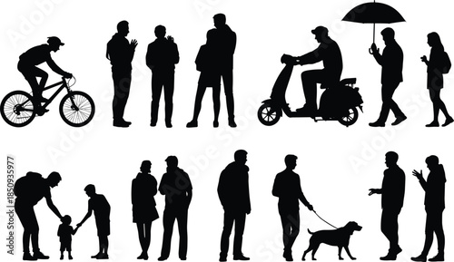 People silhouettes daily life activities set, walking talking cycling family dog umbrella scooter, urban lifestyle, social interaction illustration