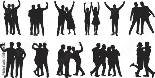 People celebration silhouettes set, friends cheering hugging taking selfies joyful group poses isolated on white background vector illustration design collection