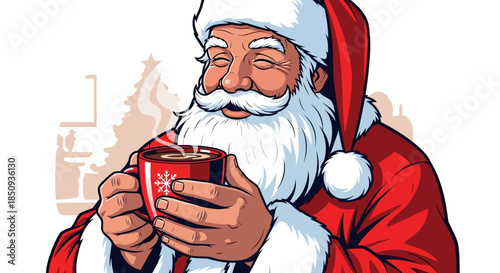 Illustration of santa claus enjoying a hot beverage from a red mug with snowflake design on a white background