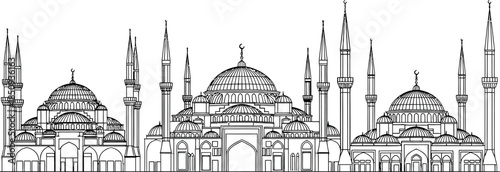 An architectural drawing of a mosque with domes and minarets