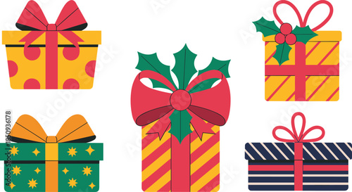 Festive, gift, boxes, with, holly, ribbons, bows, polka, dots, stripes, stars, celebration, holiday, packaging, present, wrapping, decorative, design, vector, illustration