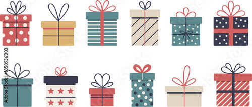 Christmas gift box collection, festive wrapping styles, colorful ribbon design, holiday present icons, vector illustration, celebration packaging, seasonal decoration set