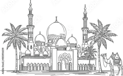 Mosque with palm trees and minarets in a serene environment