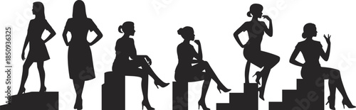 Elegant women silhouettes posing set, female fashion models sitting standing gestures, stylish lifestyle, beauty confidence, modern illustration