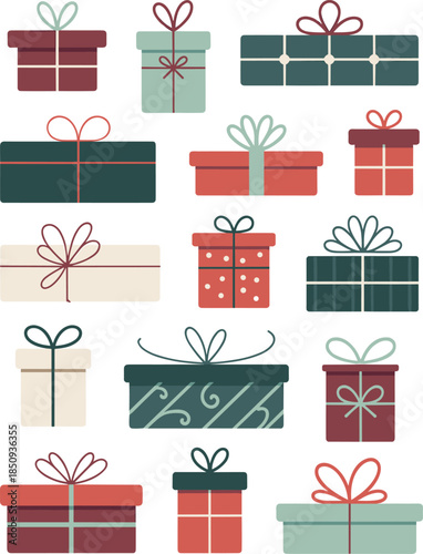 Minimal gift boxes illustration set, modern wrapped presents with ribbons bows, festive holiday celebration packaging isolated vector design