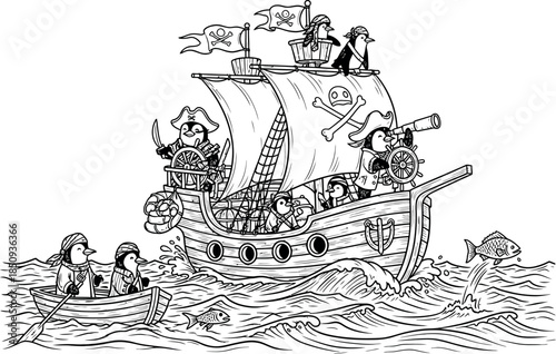 Historic sailing ship with crew on deck and in small boat