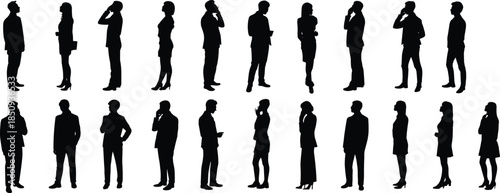 Business people silhouette set, professional men and women standing talking phone gestures, corporate office communication concept, black human figures icons