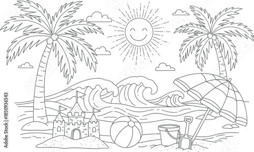 Tropical island scene with palm trees and sun