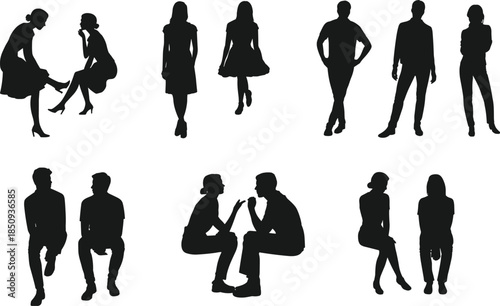 People silhouette set, men and women standing sitting walking talking poses, social lifestyle interaction concept, black human figures icons collection