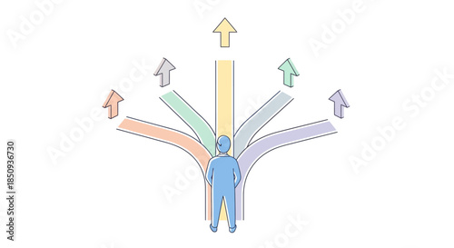 Man standing with multiple arrows pointing upwards from his back in different directions and colors