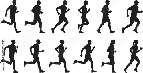 Running people silhouette set, men and women jogging sprinting poses, fitness cardio training sport activity concept, black human figures icons