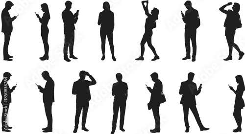 People silhouette smartphone usage poses set featuring men women standing walking texting modern lifestyle illustration collection