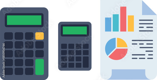 financial calculator illustration, accounting tools and business report document, budget analysis, finance management concept, flat design vector icon