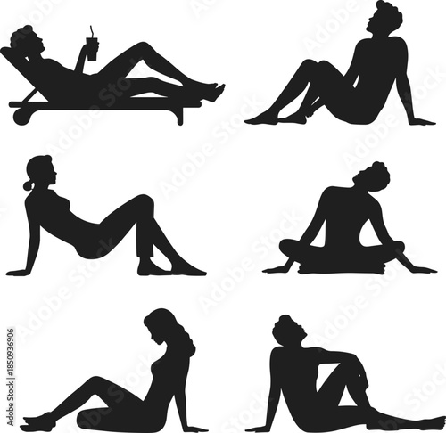 Woman relaxing silhouettes set, female lounging sitting reclining poses, leisure lifestyle body positions isolated on white background vector illustration