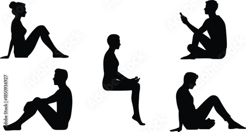 Seated pose silhouettes, sitting people, black figures, relaxed posture, meditation, phone use, casual sitting, vector art, minimal design